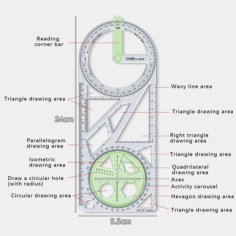 For School Multifunctional Primary School Activity Drawing Geometric Ruler Triangle Ruler Compass Protractor Set Measuring Tool