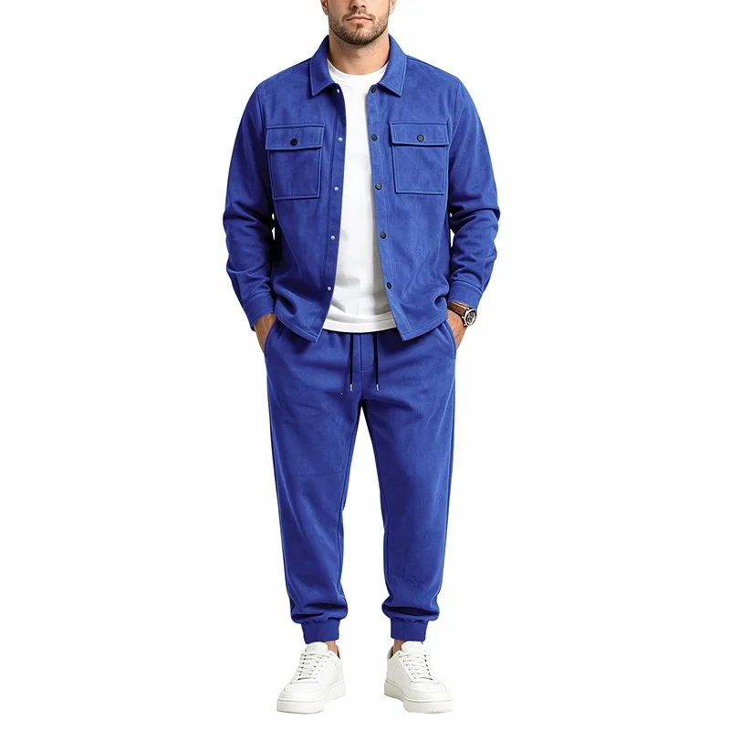 Men Spring Autumn Suede Lapel Workwear Jacket And Jogger Pants Two Piece Casual Long Sleeve Outfit