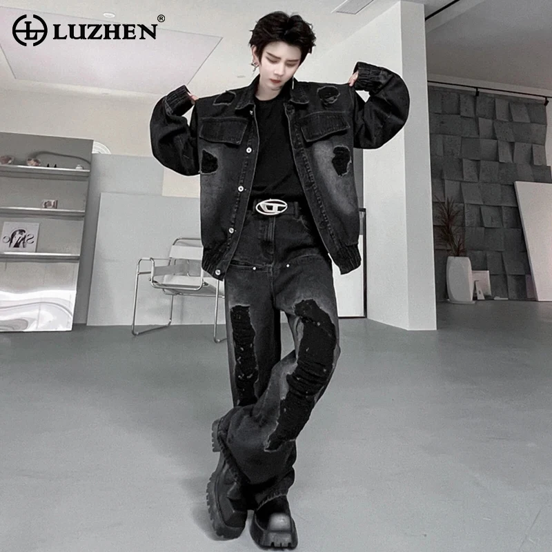 LUZHEN 2024 New Broken Hole Denim Trendy Men\'s Vintage Jacket Retro Patched Korean Baggy Jeans Streetwear Two-piece Sets 70309c