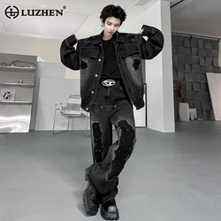 LUZHEN 2024 New Broken Hole Denim Trendy Men's Vintage Jacket Retro Patched Korean Baggy Jeans Streetwear Two-piece Sets 70309c