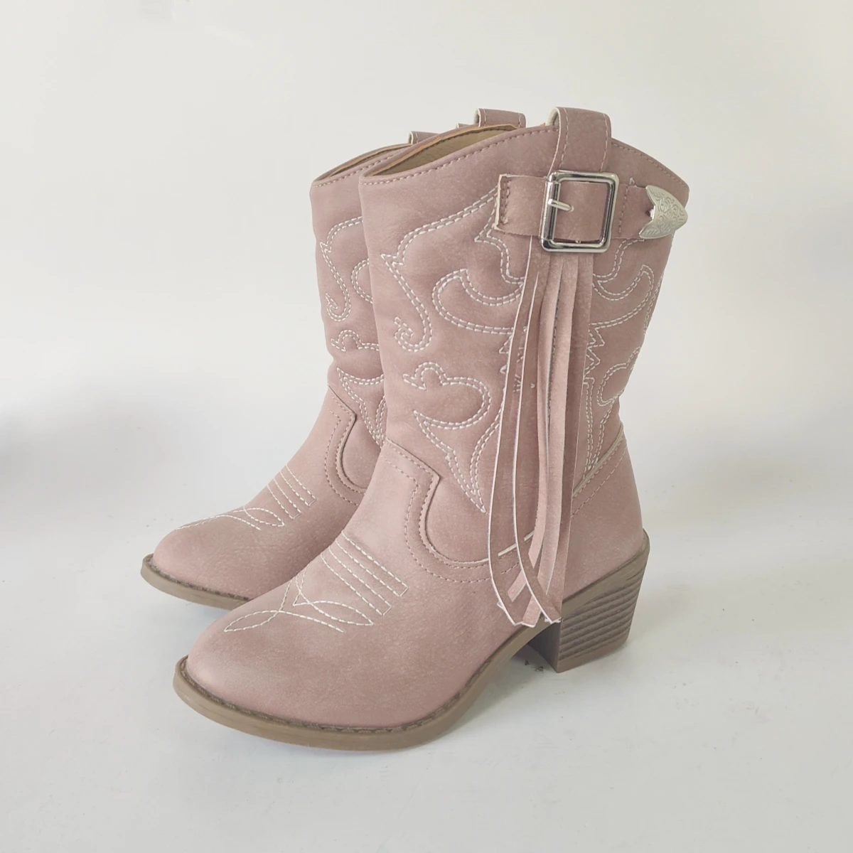 

Pink Belt Buckle Tassel One Foot Stirrup Embroidery Chunky Heel Round Toe Knight Boots Western Mid Calf Boots For Girls