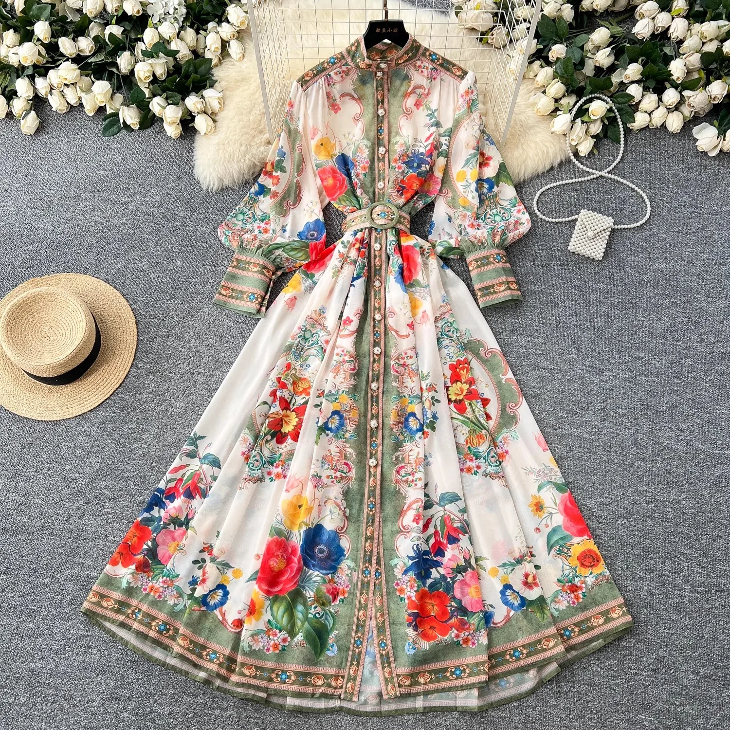 Abito floreale rosa per le vacanze primaverili Cintura da donna con maniche lunghe a lanterna Cintura con lacci Stampa floreale Abiti larghi Boho Maxi