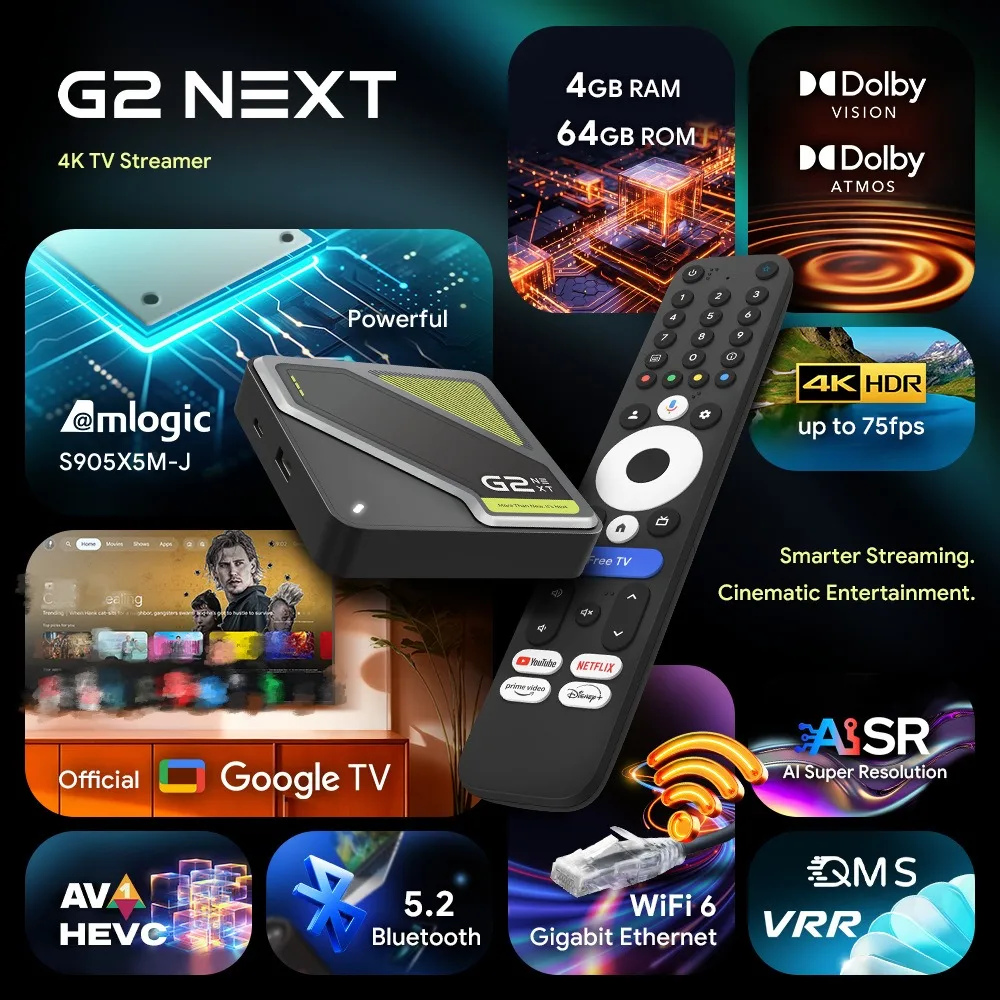 Yinzam RockTek G2 Next – dekoder Google TV z obsługą Netflix, certyfikowany przez Google, z procesorem Amlogic S905X5M-J, 4 GB pamięci RAM i 64 GB pamięci wewnętrznej, obsługujący DTS, Dolby Audio,