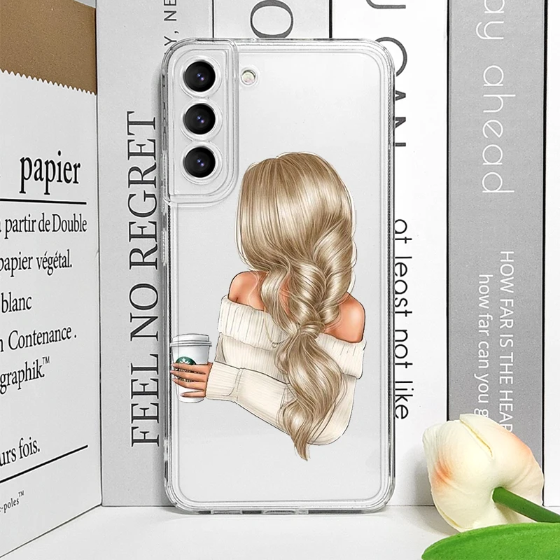 Fashion Girl Women Coffee Miss Transparent Phone Case for Samsung Galaxy S25 S24 S23 S22 S21 S20Plus Ultra FE A55 A54 Soft Cover