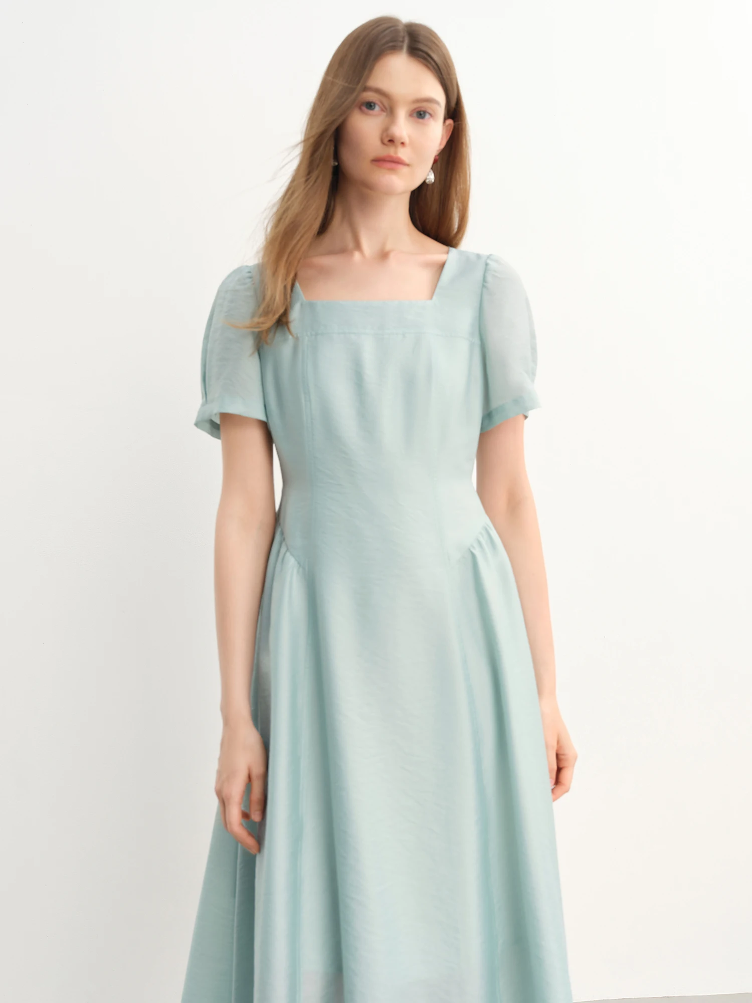 DUSHU Plus-Size Women's French Square Neckline Side Pleated Elegant Anchora Red Dress - 2025 Summer New Dresses 25DS82788