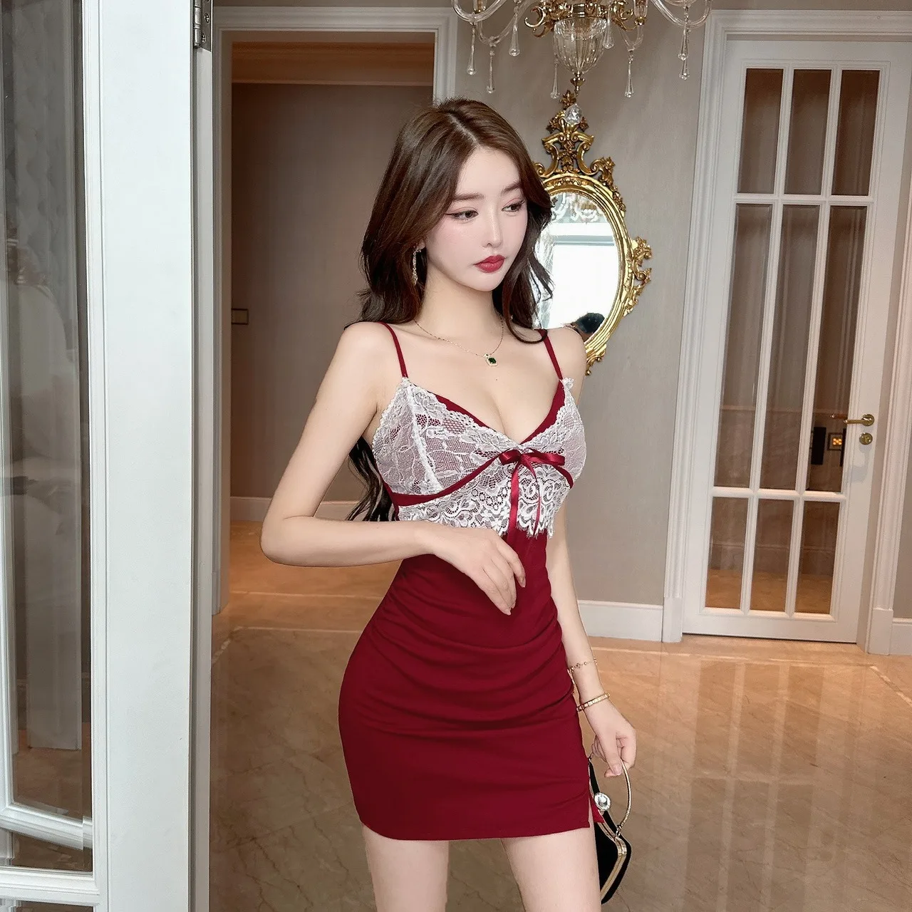 

Sexy Low Cut Lace Dr Nightclub Working orm High Waist ort Skirt Svel V Ne Polyester Fabric All Seasons