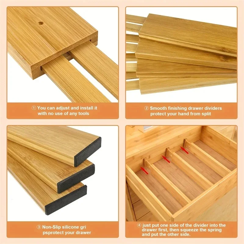 Bamboo Drawer Dividers Organizers  Adjustable Expandable Spring Loaded Drawer Separators for Kitchen Bedroom Dresser Offic