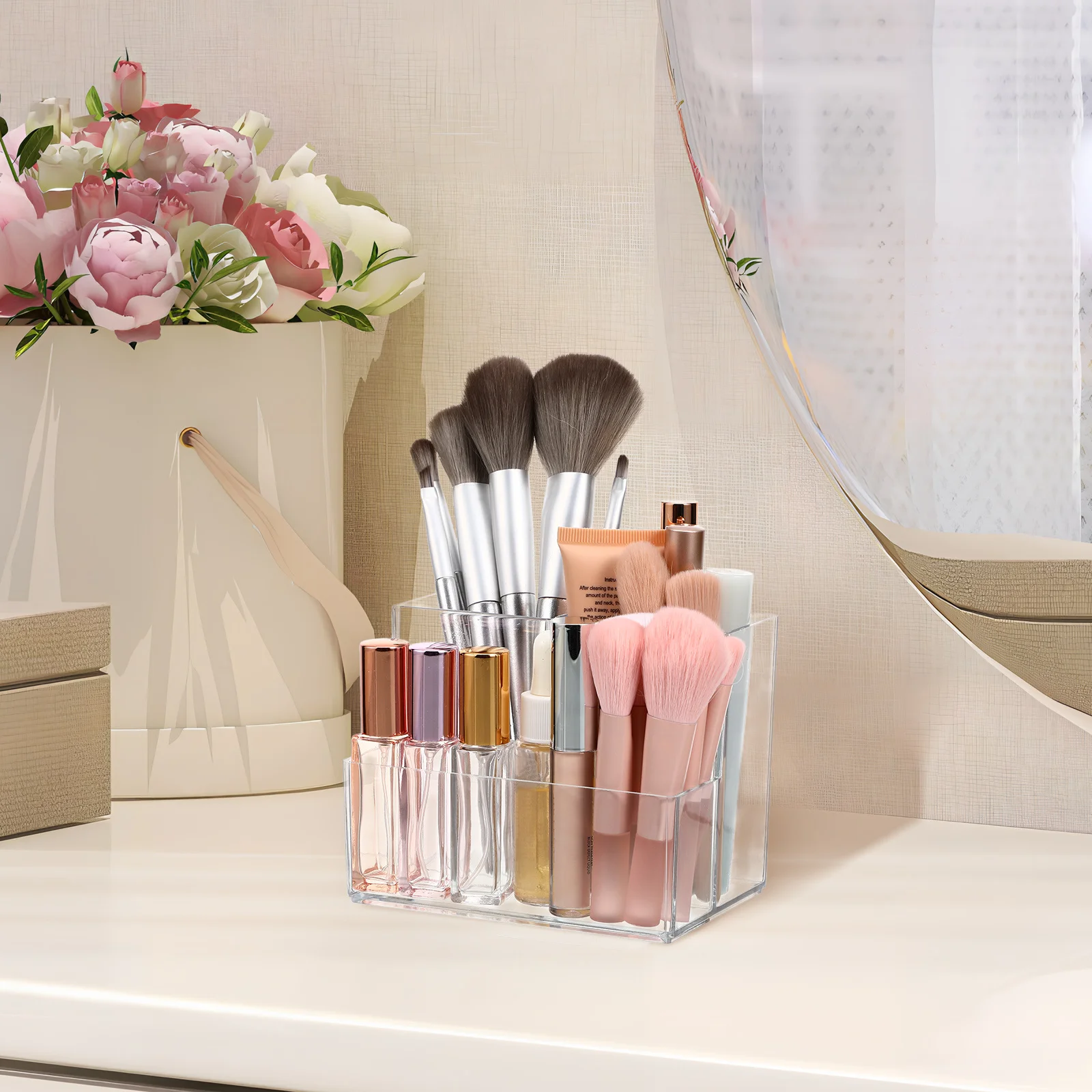 Durchsichtiger Desktop-Make-up-Organizer mit geteilten Fächern, Pinselhalter für Kosmetika, Hautpflege, Stifte, Bürobedarf, Aufbewahrungskoffer