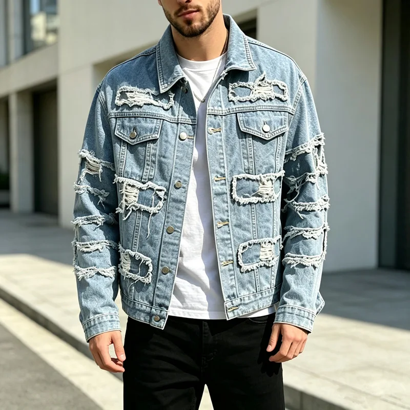 Men Vintage Light Blue Shredded Fringe Denim Jacket Multi-layer Raw Edge Ripped Trucker Jacket