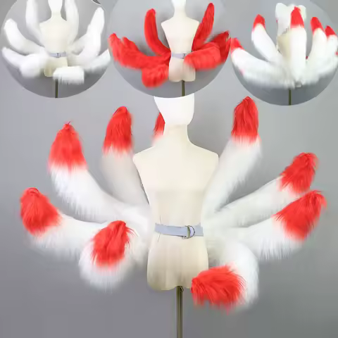 Red White Handmade Nine Tail Fox Plush LOL Tail Anime Lolita Cosplay Furry Fox Tail Halloween Carnival Costume Accessories Props