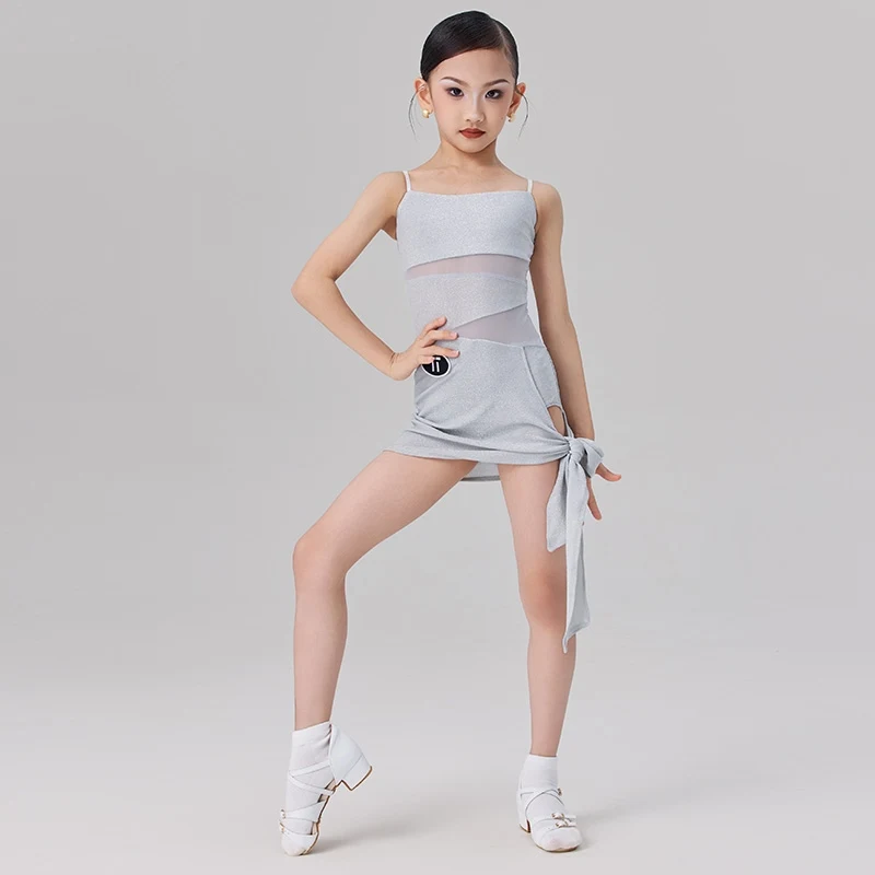 2025 crianças roupas vestido de dança latina para meninas cinta malha oco vestidos de emagrecimento chacha trajes de desempenho latino usar dn21642