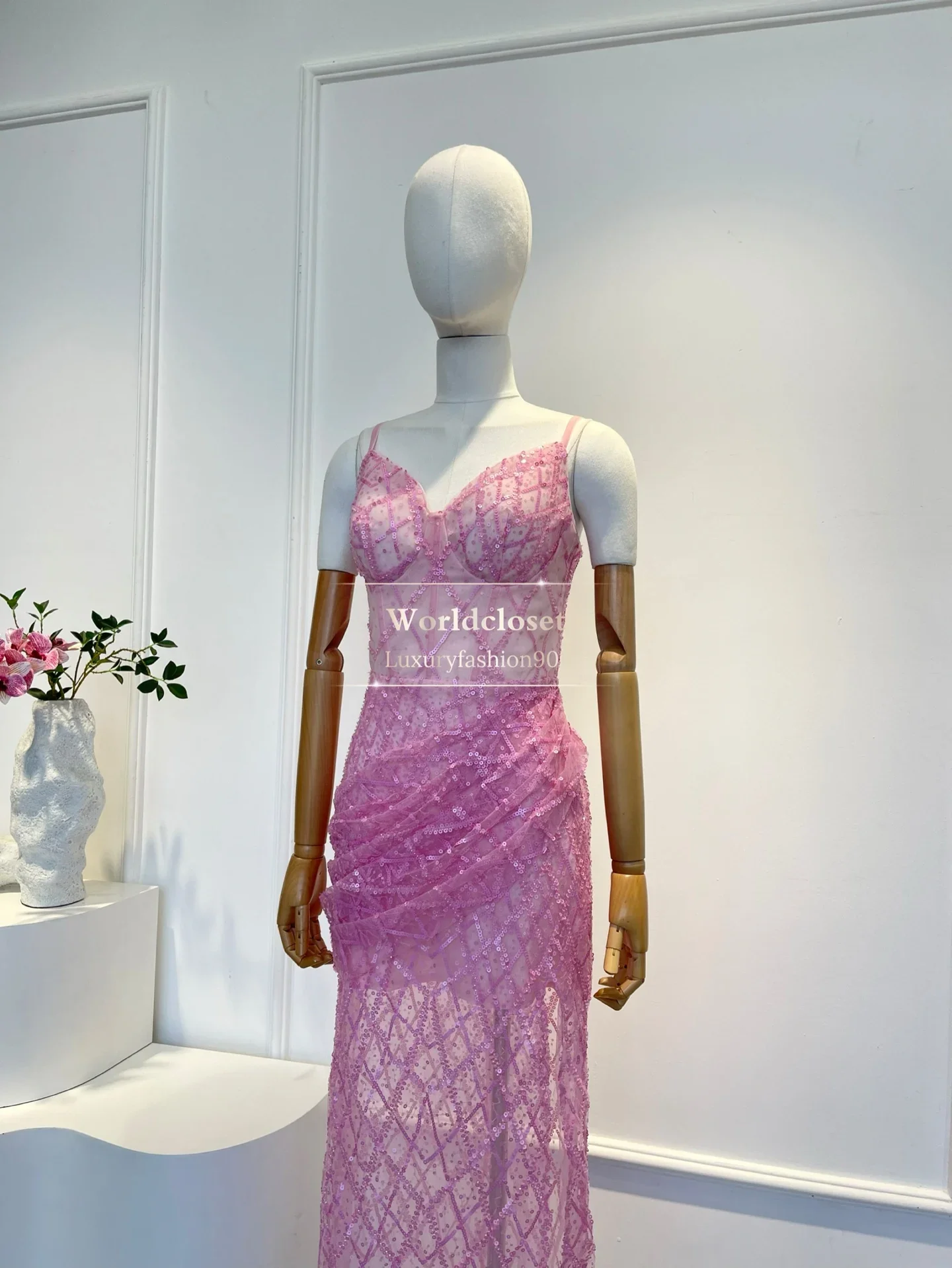 جودة عالية البنفسجي الأرجواني أكمام الترتر شبكة أنبوب عارية الذراعين فستان ماكسي #6