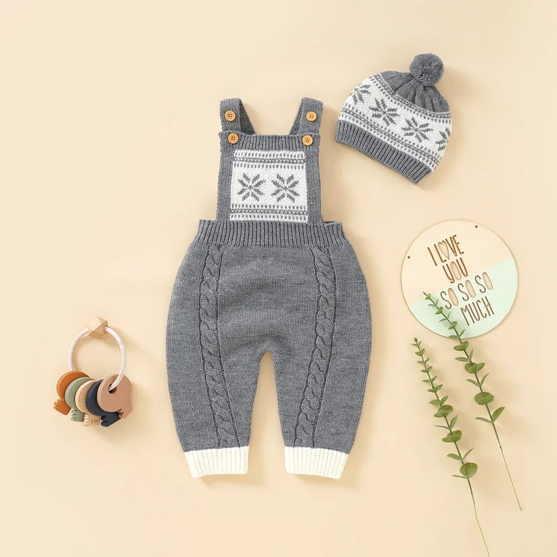 

Baby Rompers Fashion Snowflake Infant Boys Sling Clothes Hat Knitted 0-18M Overalls Newborn Girls Jumpsuit Sleeveless Cute 2pcs