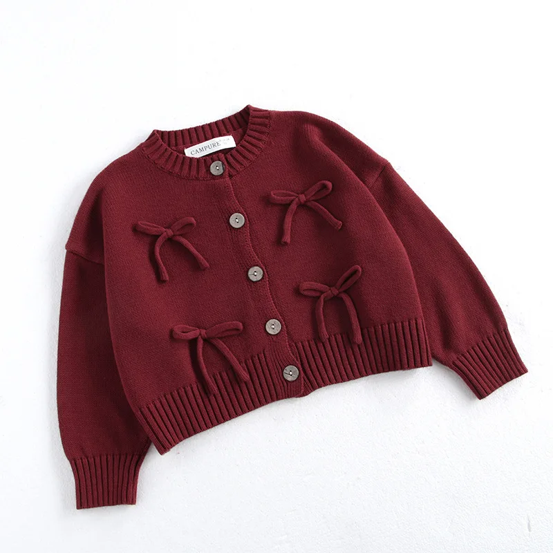 MiniAinis Autumn Winter New Girls Cotton Knit Long Sleeved O-neck Bowknot Red Sweater Jacket Girl Knitted Bow Top Coat Clothes