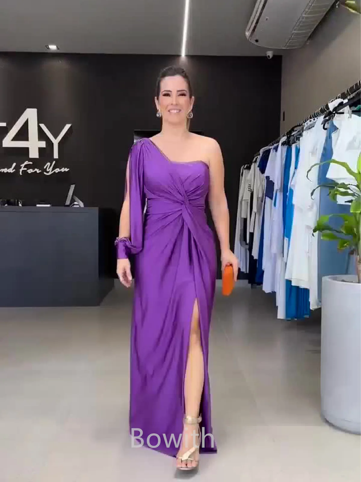 

Bowith One Shoulder Party Dresses Satin Slit Evening Long Dresses Elegant Celebrity Dresses with Folds vestidos de fiesta