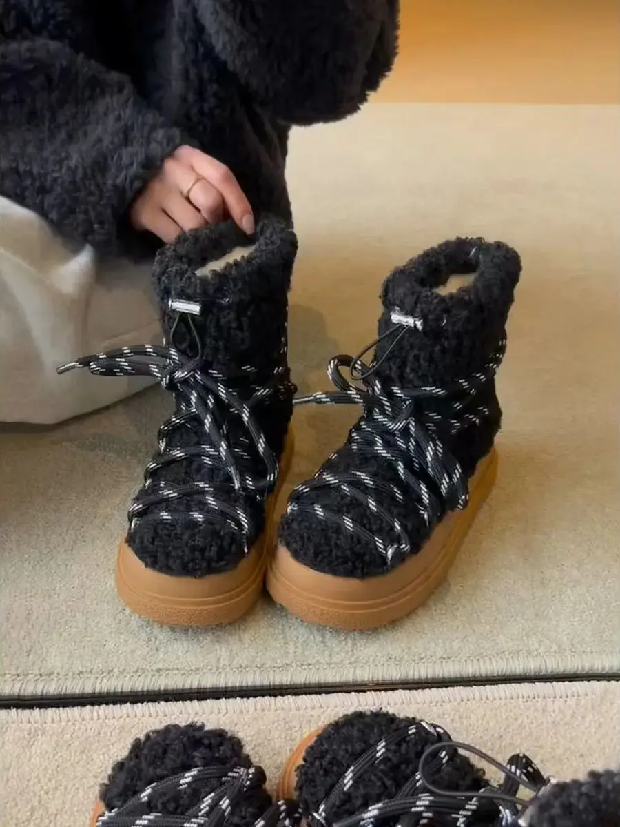

Женские зимние ботинки на толстой подошве, меховые ботинки с белым медведем, новинка зимы 2024, теплые хлопковые ботинки на флисовой подкладке, универсальные противоскользящие ботинки