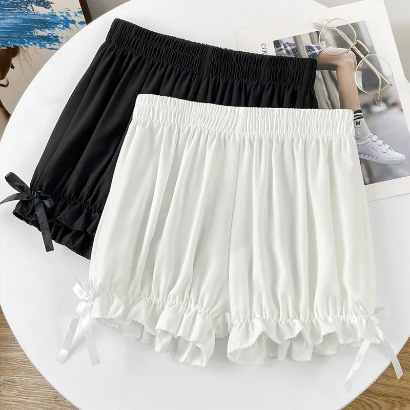 Black White Pleated Panties Woman Pumpkin Cute Panties Bow Knot Safety Shorts Ice Silk Ruffle Bloomers Anti Exposure Shorts