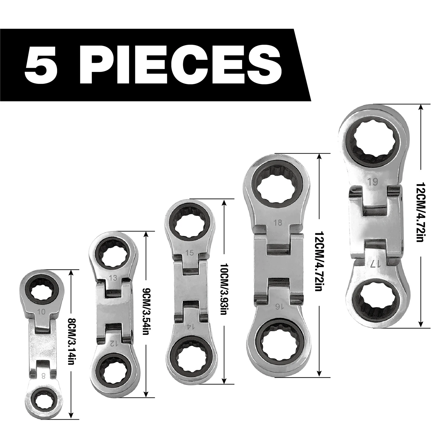 5-Piece stubby Flex-Head ratcheting wrench set metric combination  72-Teeth, with Rolling Pouch 8m10m12m13m14m15m16m17m18m19m