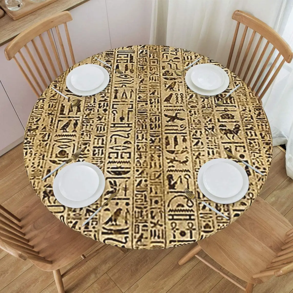Egyptian Hieroglyphs On Papyrus Waterproof Round Tablecloth Oilproof Table Cloth for Kitchen Events Dining Table Cover