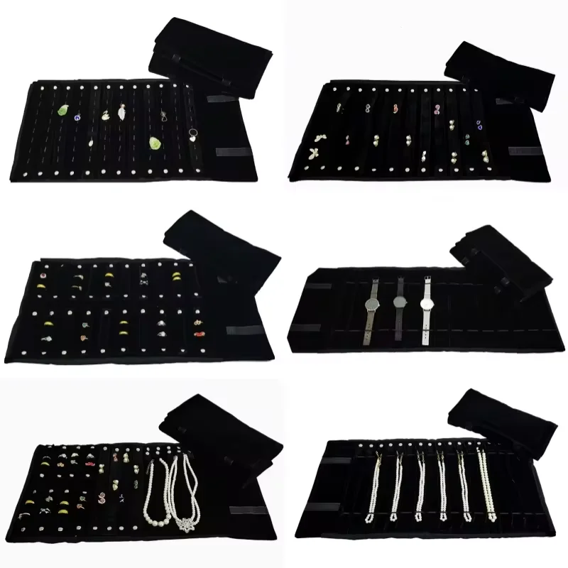 

High-quality All-black Velvet Jewelry Storage Display Serie Roll Bag Ring Earring Necklace Watche Portable Storage Display Bag