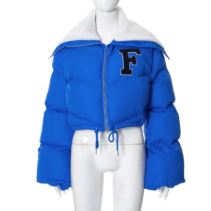 턴 다운 칼라 자켓 여성 편지 자수 긴 소매 짧은 다운 코트 Drawstring 패션 streetwear 오버 코트 New