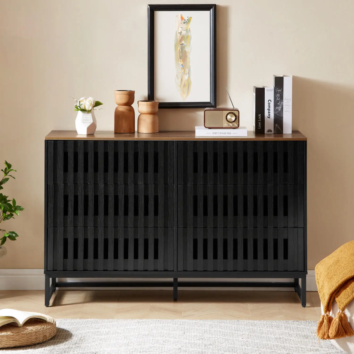 

Modern 6 Drawer Double Dresser with Striped Drawer, High-Quality MDF and Metal Legs