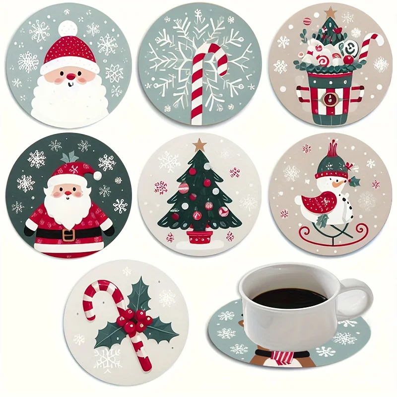 Juego de posavasos navideños de madera de Papá Noel, tapetes festivos para bebidas para café y té, perfectos para decoración del hogar y mesas de restaurante, 7 Uds.