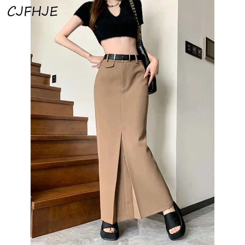 CJFHJE Design Fashion Khaki Grey Skirt with Belt Korean Elegant Office Ladies Slim Fit Long Shirt Skirt Plain Suit Skirts Women