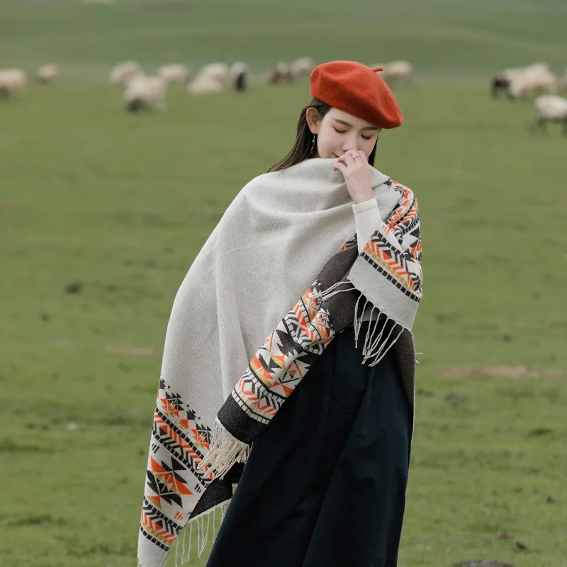 Women Knitted Scarf Cape Jacquard Ponchos Faux Mink tassel Double Sided Casual Elegant Warm Office Lady Indie Folk 2025 Autumn