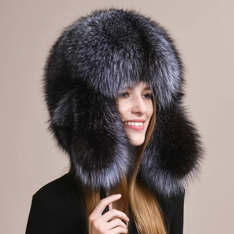 

Real Fur 100% Fox Skin Russian Businessmen Pilot Bombers Full Mao Men's hat Ushanka Winter Ear Guard Hat Raccoon Fur Beanie hat