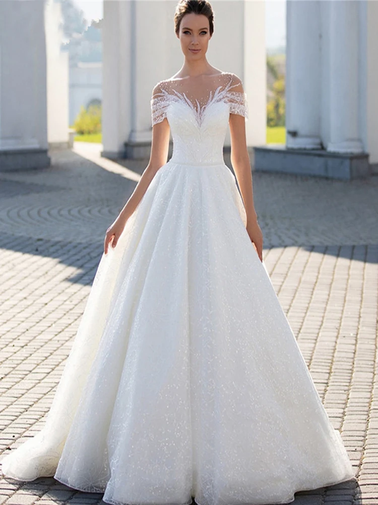 Shiny Off The Shoulder Wedding Dress For Bride Elegant Glitter Lace A-Line Bridal Gown Illusion Pleats Robe De Mariée