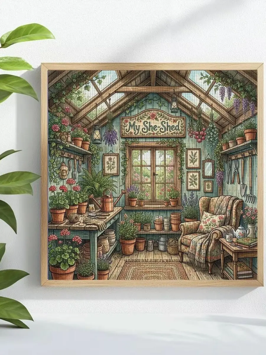 1 Stück 30X30CM/11,8 Zoll Garten-Bungalow Gestempeltes Kreuzstich-Set DIY-Set 11/14/16CT DIY-Stickset DIY-Kreuzstich-Set – Detail 1