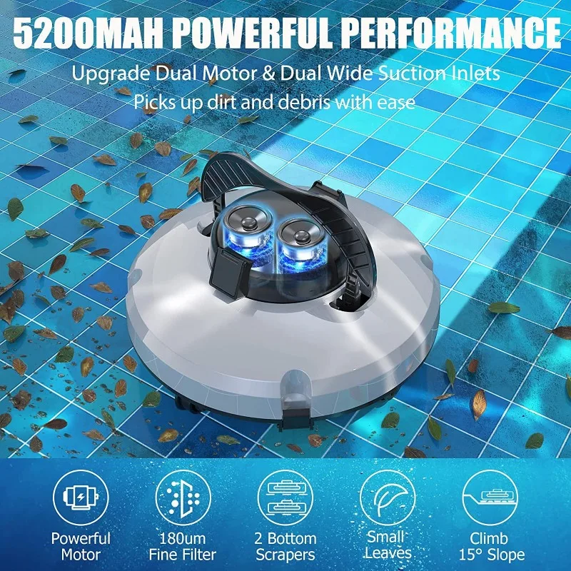 

Wireless Intelligent Pool Cleaning Robot Pool Suction Machine Vacuum Cleaner 5.1m³/h Water Treatment Capacity IPX8 Waterproof