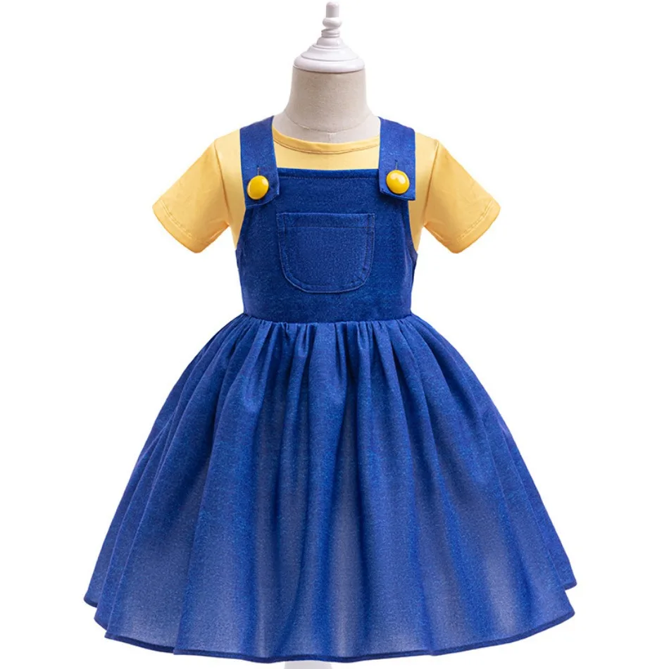 Yellow Short Sleeve Top Blue Glitter Suspender Tutu Dress 2pcs Girls Cartoon Cos Outfit Halloween Birthday Party Costume TAN06