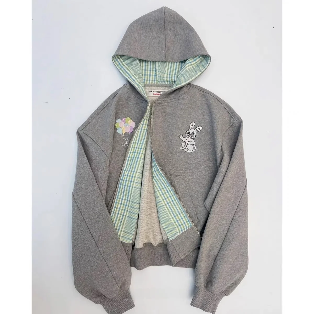 

Embroidered Rabbit Hoodie Spring 2025 New Arrival Loose Fit Long Sve ort Length Zipper Closure Commute Sle