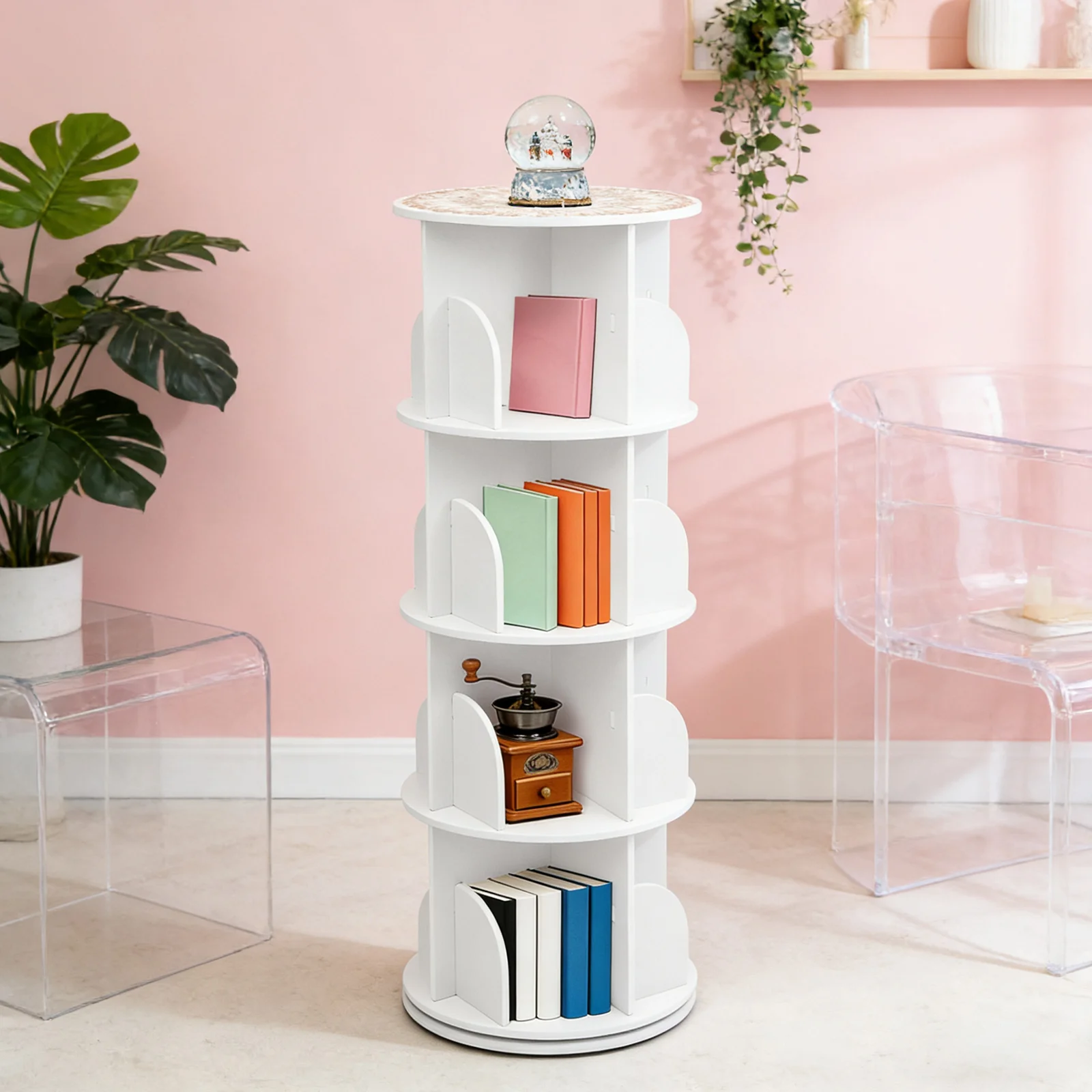 4 Tier Rotating Bookshelf 360 Spinning Display Rack Floor Standing Bookcase Compact Book Holder Storage Locker for Home