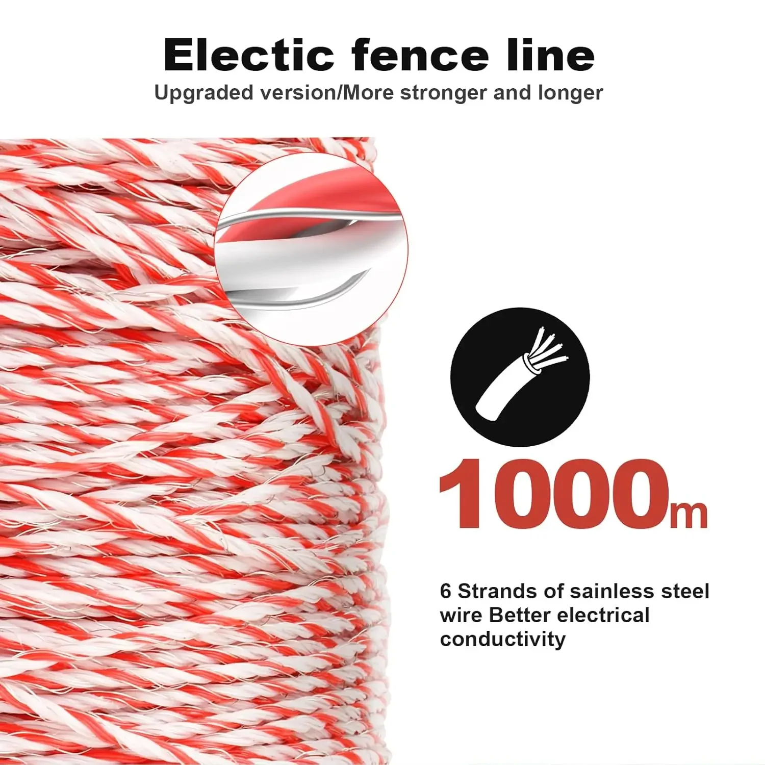 500/1000M Roll Electric Fence Rope Polywire with Steel Poly Rope for Sheep Cattle Animal Reliable Conductivity Wire