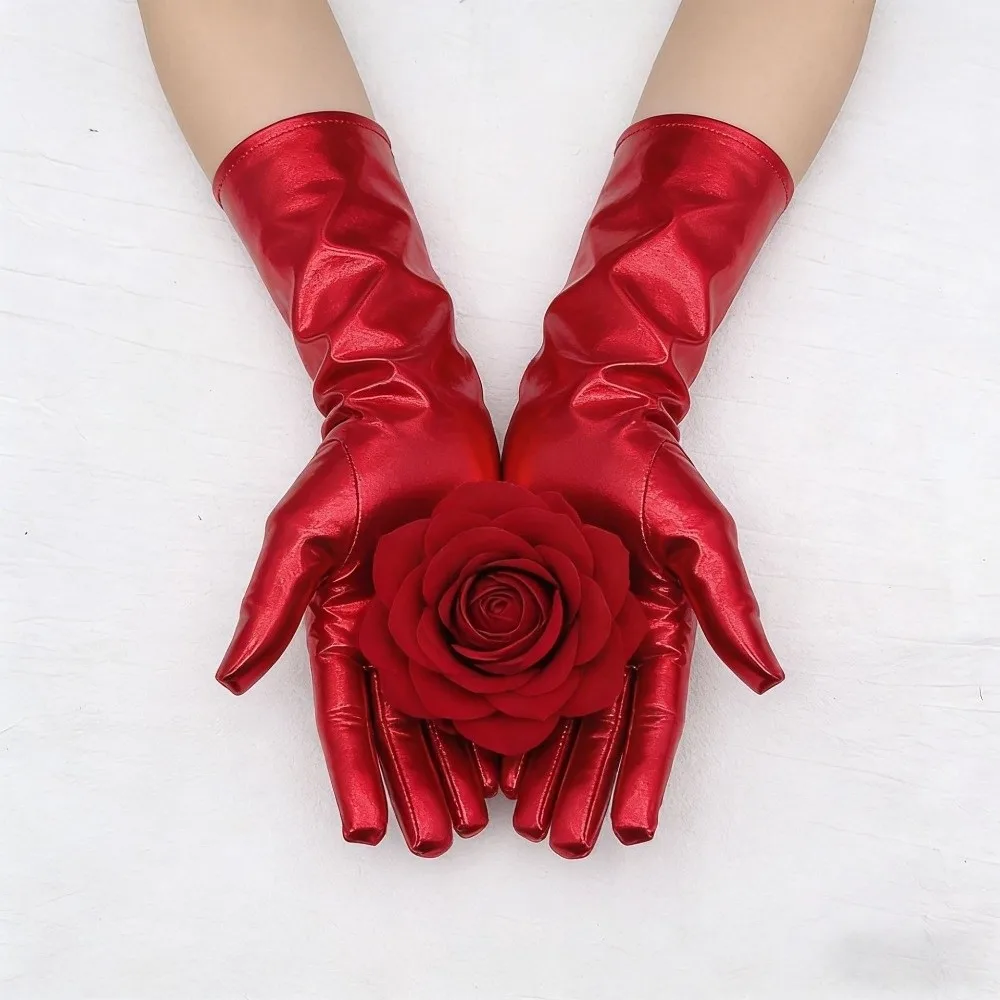 Slim Solid Color Patent Leather Gloves Elastic Shiny Long Gloves Gothic Cloth Women Mittens Photography