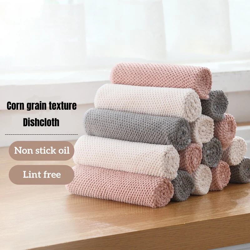 6PCS Corn Grain Absorbent Microfiber Kitchen DishCloth Non-stick Oil Household Cleaning Cloth Wiping Towel Home Kitchen Tools