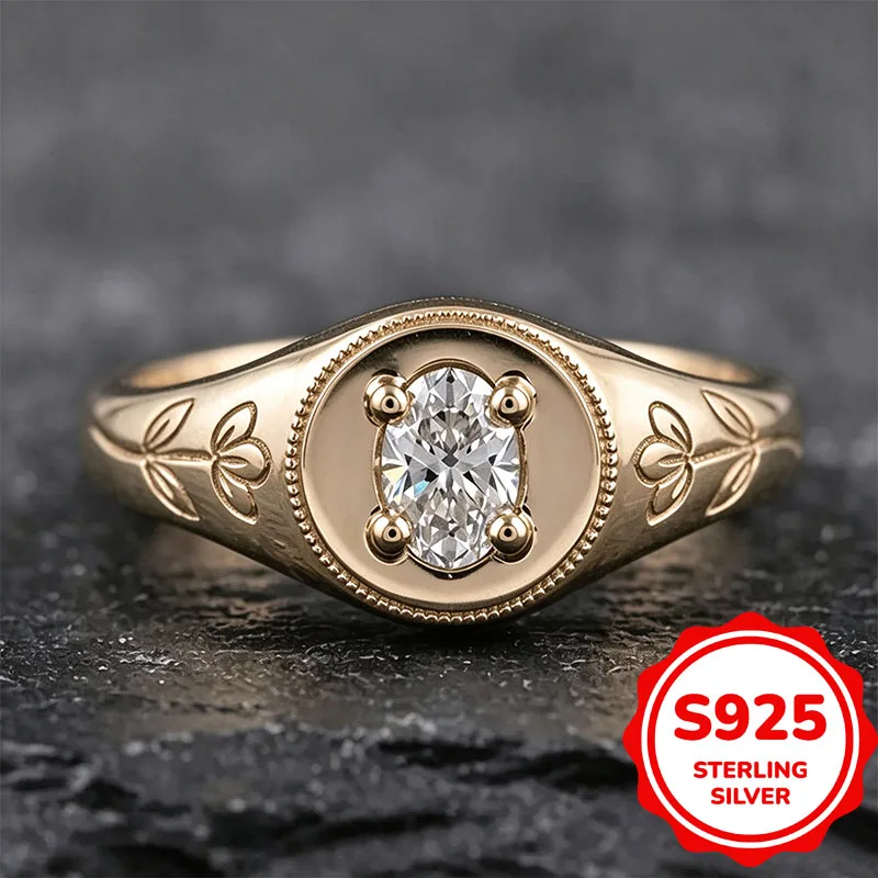 Genuine 925 Sterling Silver 14K Gold Signet Ring for Women Floral Engraved Four Prong Retro Promise Engagement Fine Jewelry Gift