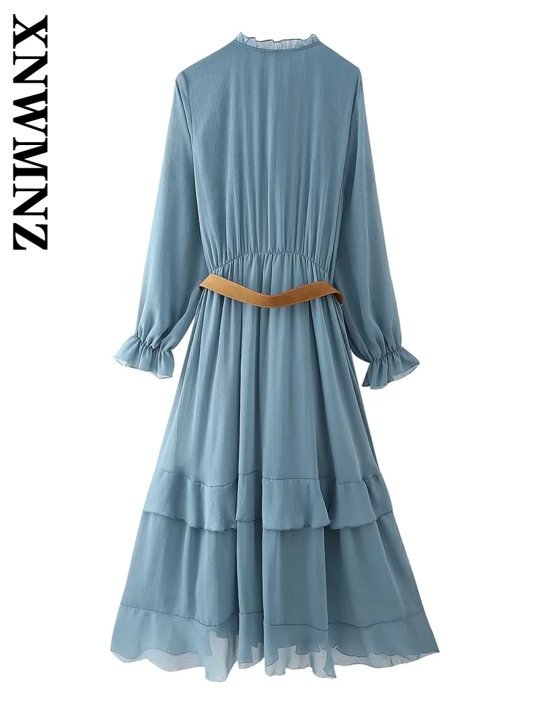 XNWMNZ 2024 New Autumn Woman's Casual Solid Color V-Collar Lace Ruffles Dress Female Fashion Long Sleeve belt Top A-lineskirt