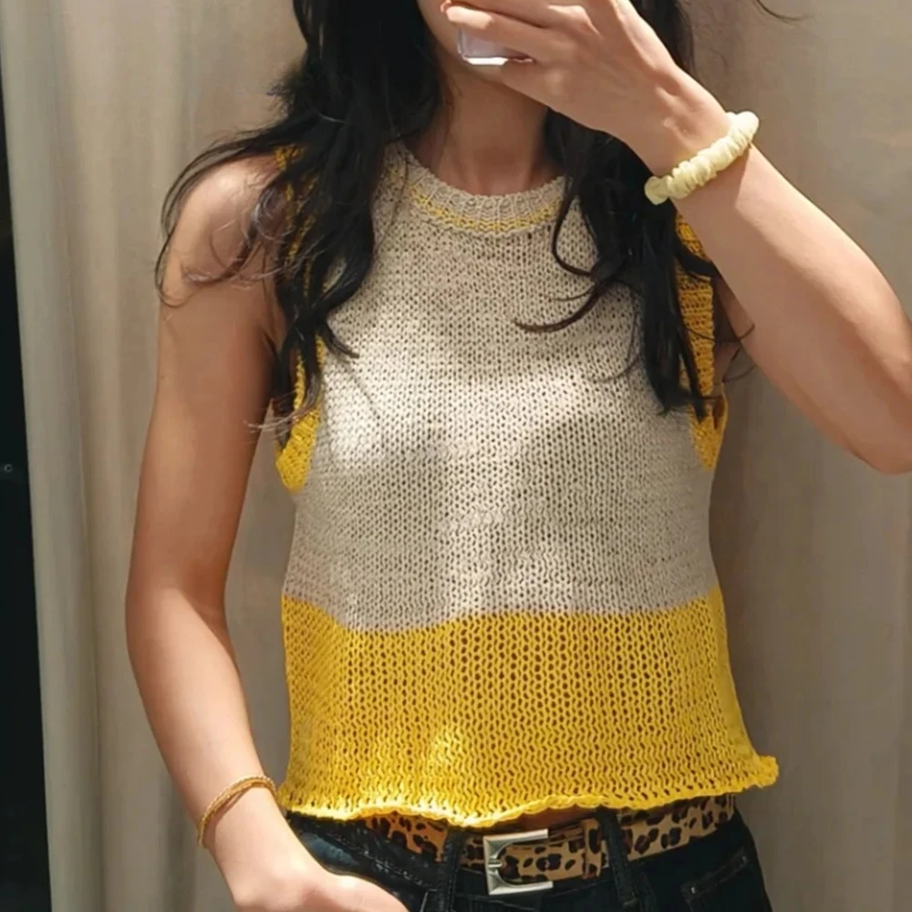 KONDALA Chic Patchwork Yellow Woman Summer Sleeveless Knit Vests Fashion 2025 Summer Holiday Beach Casual Mujer Orange T-shirts