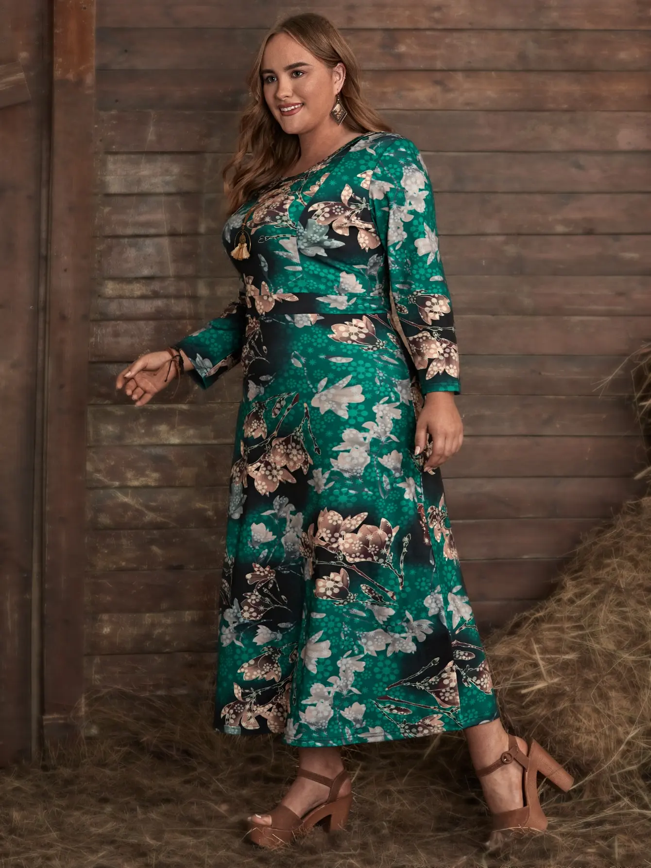 5XL Plus Size Winter Dress Woman Long Sleeve Floral Print Casual Dress High Waist Large Size Dubai Moroccan Kaftan Dress