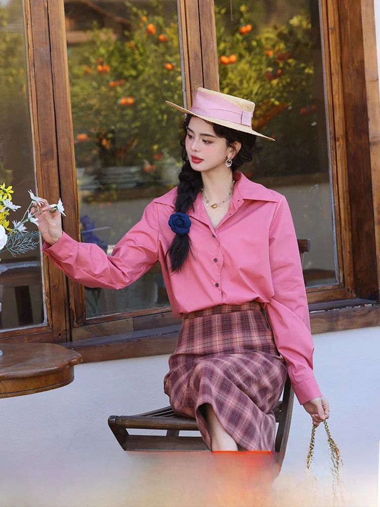 

Chen Jiajie Cherry Red�� Spring Hong Kong Sle Retro Loose Long Sve Women's irt Slimming Top New 2025