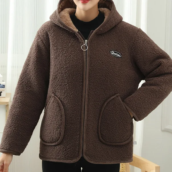 Mom's Autumn Winter Casual Fleece-Lined Hooded Jacket Warm Particle Fleece Plus Size Thickened Women's Cotton Coat