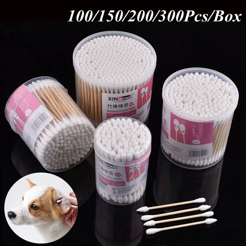 100/150/200/300pcs/Box Pack Wood Handle Cotton Head Swabs Disposable Makeup Clean Pet Sticks Buds Tip Home Used Cotton Swab