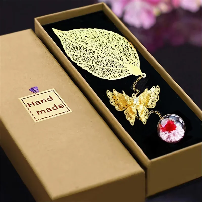 1pc Chinese Style Metal Bookmark Leaf Vein Bookmark Feather Butterfly Student Stationery Store Gift Box Set Teacher's Day Gift