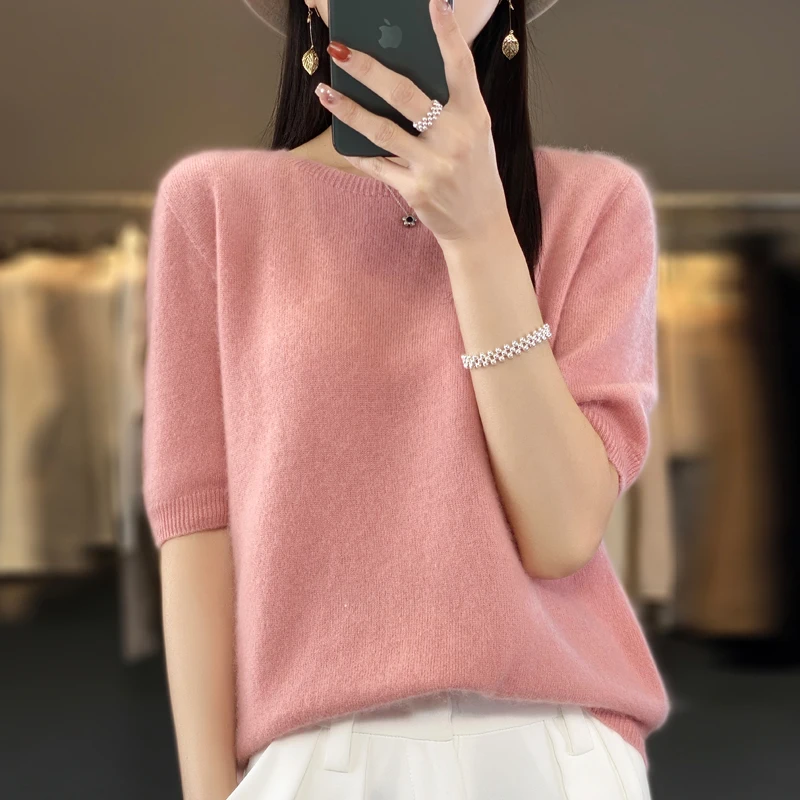 Fashion short half sleeve cashmere women\'s sweater 100% pure merino wool round neck pullover T-shirt