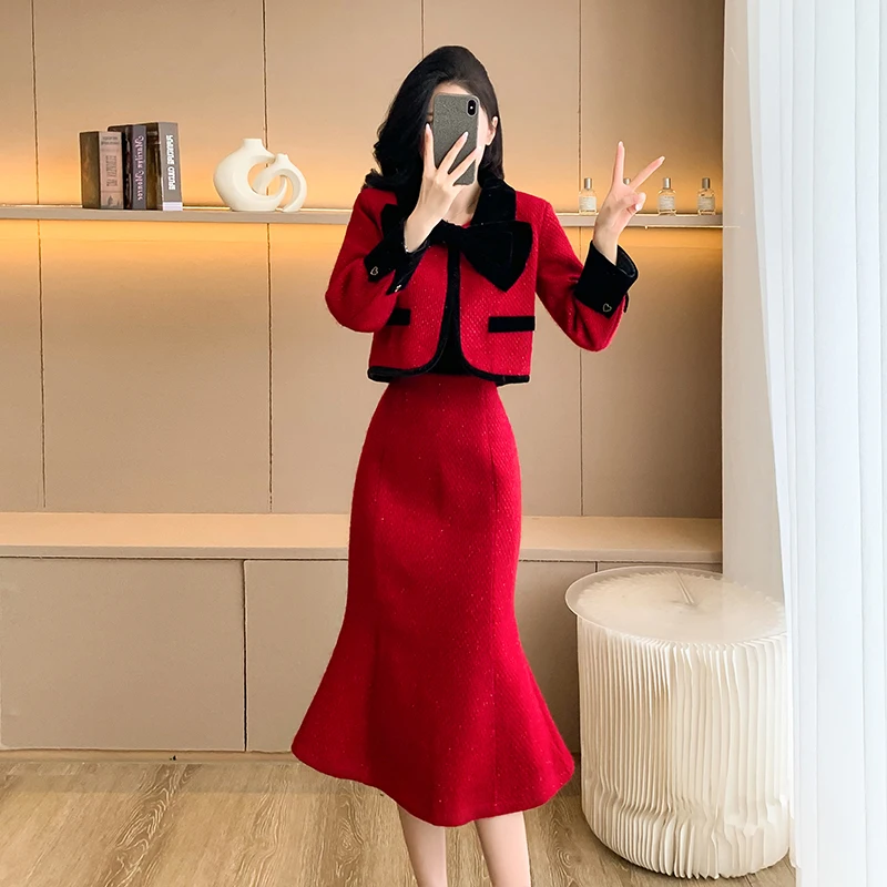 High Quality Women Autumn Winter Tweed Wool Red 2 Piece Set Fashion Vintage Short Coat Outwear+Casual Party Mermaid SKirts Sets