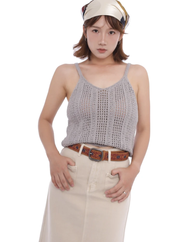 

Autumn Winter Knitted V-Ne Hollow out Special Yarn Strap Women's Vest Top Cotton Texture Sensation Double Color Circle